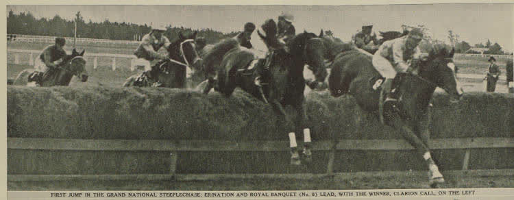 First jump in the Grand National Steeplechase: Erination and Royal Banquet (no. 8) lead, with the winner, Clarion Call, on the left, 1938