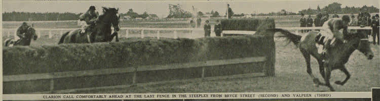 Clarion Call comfortably ahead at the last fence in the steeples from Bryce Street (second) and Valpeen (third), 1938