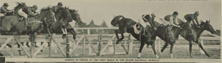 Jumping in threes at the first fence in the Grand National hurdles, 1938