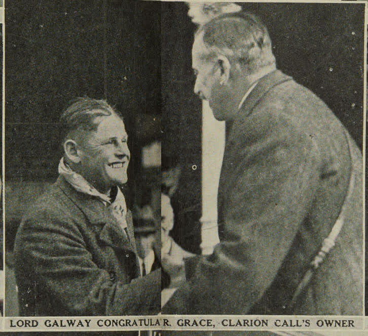 Lord Galway congratulates Mr. Grace, Clarion Call's owner, 1938