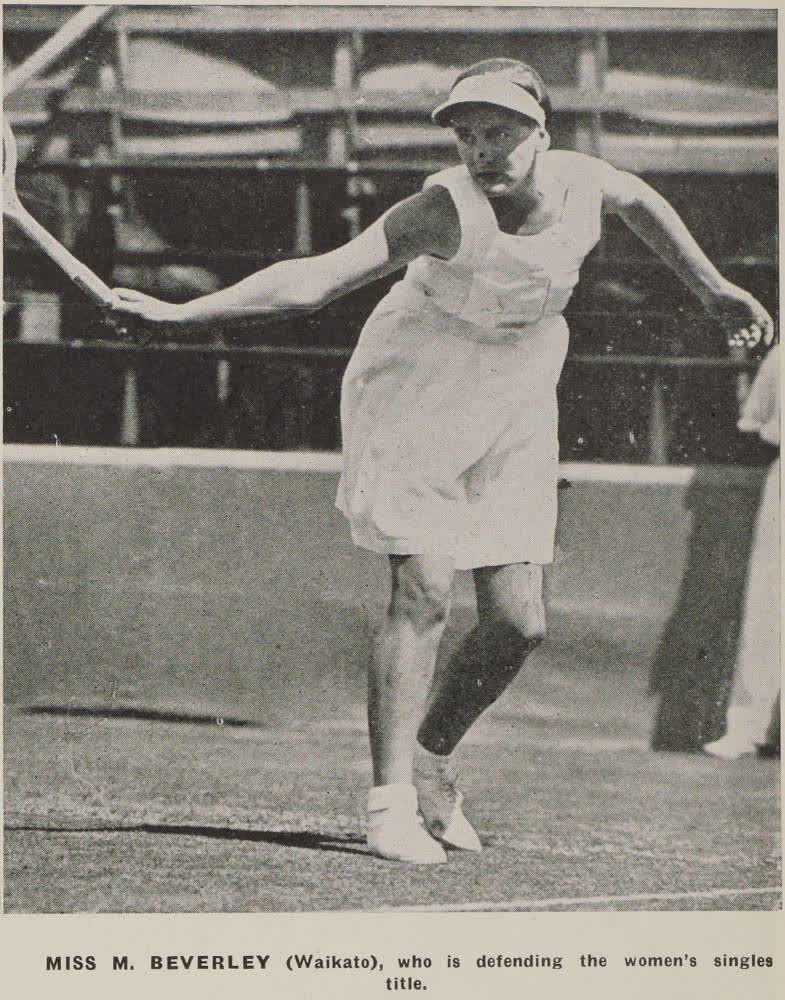 Miss M. Beverley (Waikato), who is defending the women's singles title, 1939