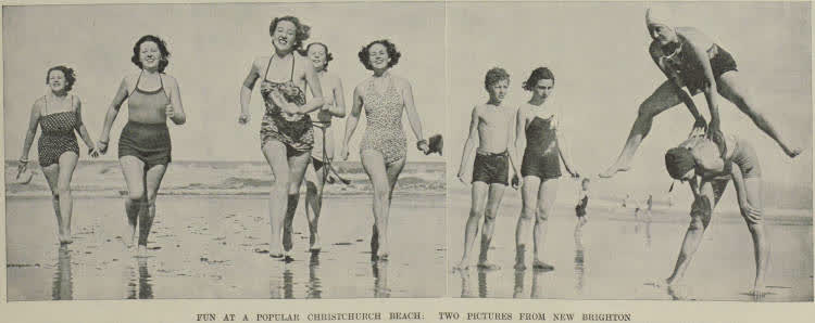 Fun at a popular Christchurch beach: two pictures from New Brighton, 1939