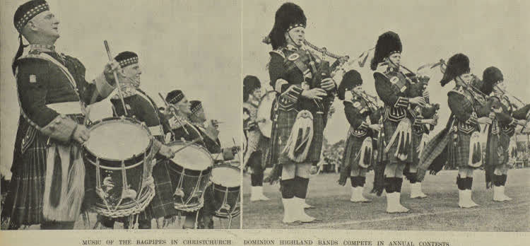 Music of the bagpipes in Christchurch: Dominion Highland bands compete in annual contests, 1939