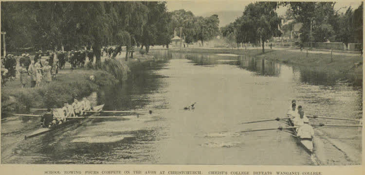 School rowing fours compete on the Avon at Christchurch: Christ's College defeats Wanganui College, 1939
