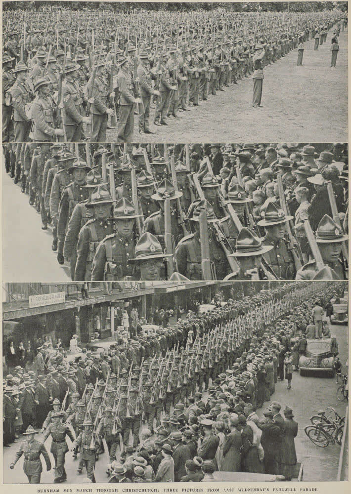 Burnham men march through Christchurch: three pictures from last Wednesday's farewell parade, 1940