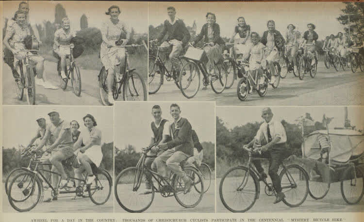 Awheel for a day in the country: thousands of Christchurch cyclists participate in the centennial 'mystery bicycle hike.', 1940