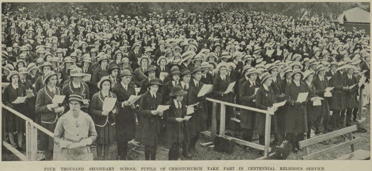 Four thousand secondary school pupils of Christchurch take part in centennial religious service, 1940