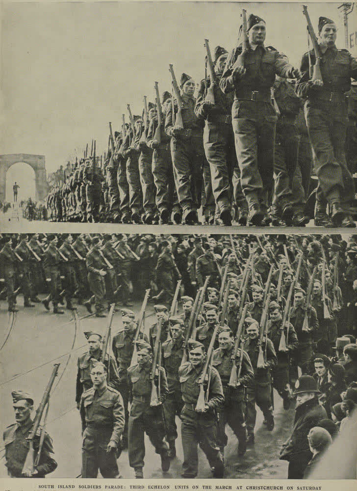 South island soldiers parade: Third Echelon units on the march at Christchurch on Saturday, 1940