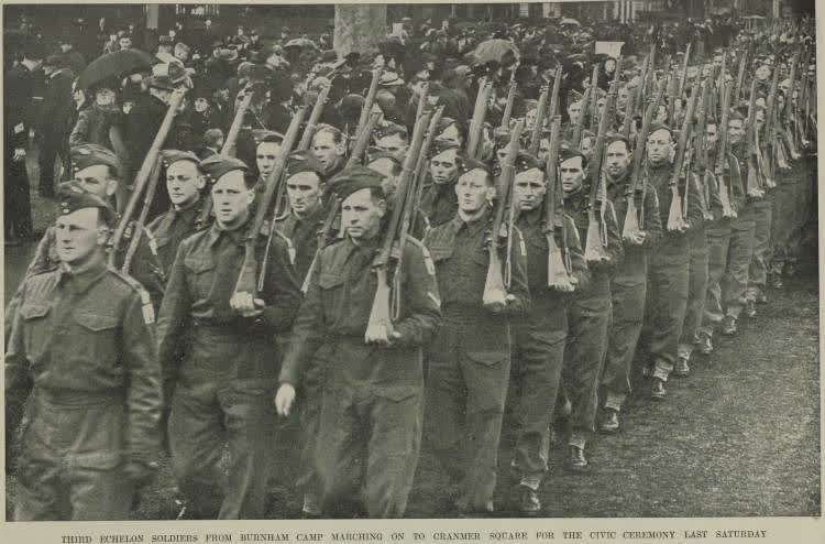 Third Echelon soldiers from Burnham camp marching on the Cranmer Square for the civic ceremony last Saturday, 1940