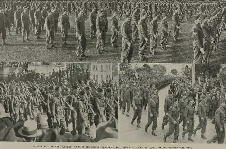 In Auckland and Christchurch: views at the recent parades of the Third Echelon of the New Zealand Expeditionary Force, 1940
