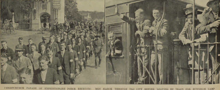 Christchurch parade of Expeditionary Force recruits: men march through the city before leaving by train for Burnham camp, 1940