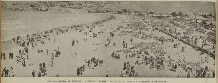 On the sands at Sumner: a typical Sunday scene at a popular Christchurch beach, 1940