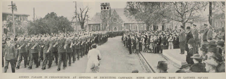 Airmen parade in Christchurch at opening of recruiting campaign: scene at saluting base in Latimer Square, 1941