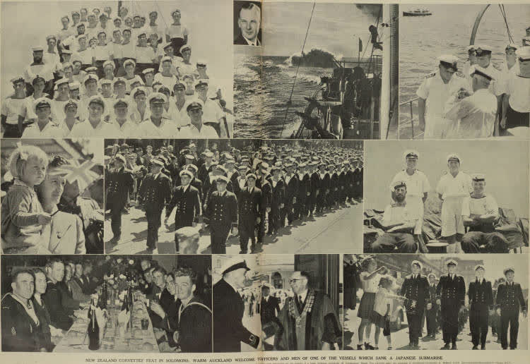 New Zealand corvettes' feat in Solomons: warm Auckland welcome to officers and men of one of the vessels which sank a Japanese submarine, 1943