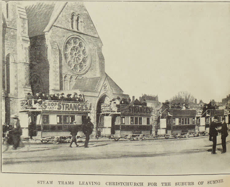 Steam trams leaving Christchurch for the suburb of Sumner, 1903