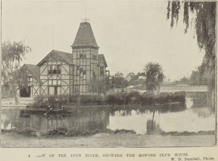 A view of the Avon River, showing the rowing club house, 1903
