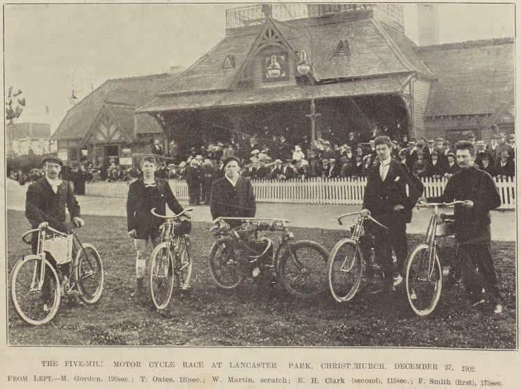 The five-mile motorcycle race at Lancaster Park, Christchurch, December 27, 1902, 1903