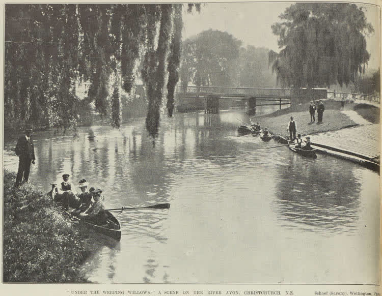 Under the weeping willows: a scene on the River Avon, Christchurch, N.Z., 1903