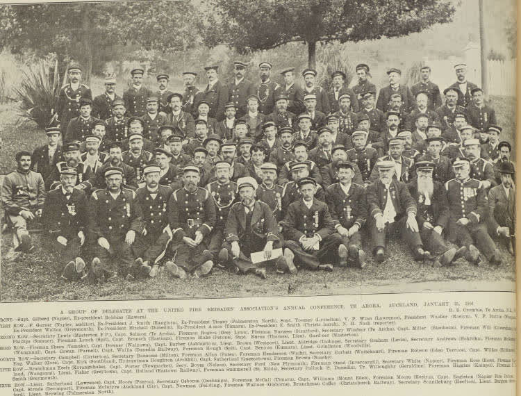 A group of delegates at the United Fire Brigades' Association's' annual conference, Te Aroha, Auckland, January 25, 1904, 1904