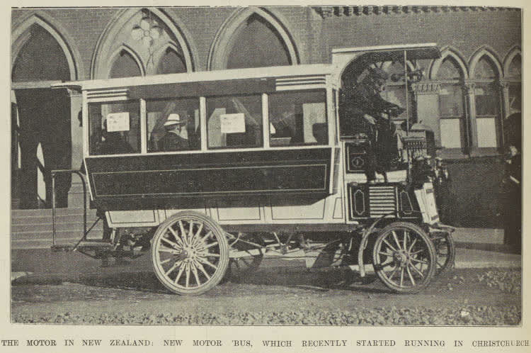 THE MOTOR IN NEW ZEALAND: NEW MOTOR 'BUS, WHICH RECENTLY STARTED RUNNING IN CHRISTCHURCH, 1904