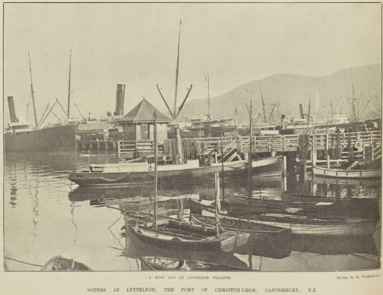 A BUSY DAY AT LYTTELTON WHARVES. SCENES AT LYTTELTON, THE PORT OF CHRISTCHURCH, CANTERBURY, N.Z., 1904