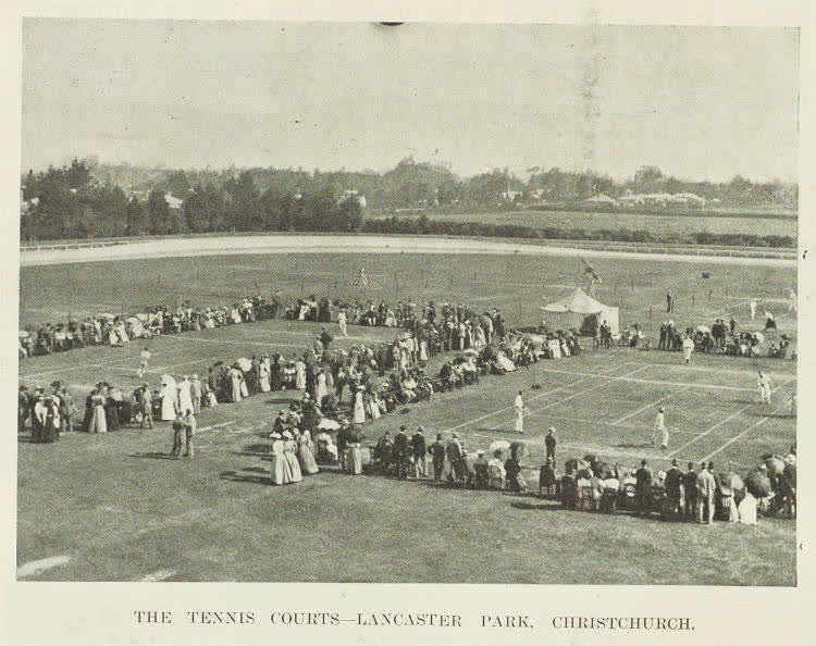 The tennis courts in Lancaster Park, Christchurch, 1900