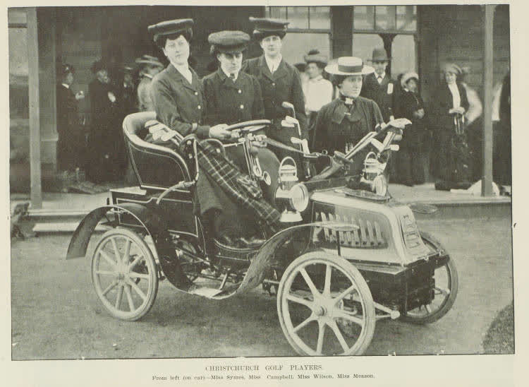 Christchurch golf players. From left (on car) - Miss Symes, Miss Campbell, Miss Wilson, Miss Meason, 1903