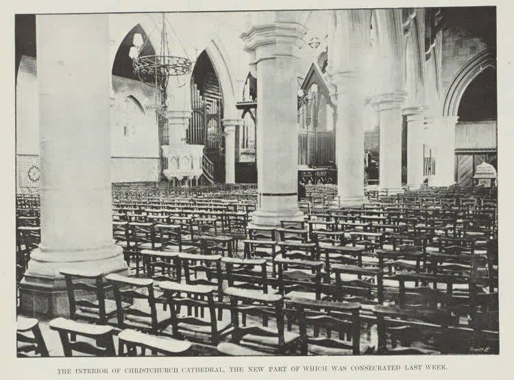 The interior of Christchurch Cathedral, the new part of which was consecrated last week, 1904