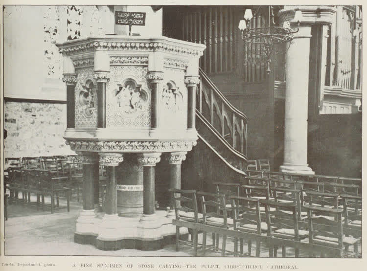 A fine specimen of stone carving: the pulpit, Christchurch Cathedral, 1905
