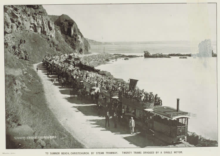 To Sumner beach, Christchurch, by steam tramway. twenty trams dragged by a single motor, 1906