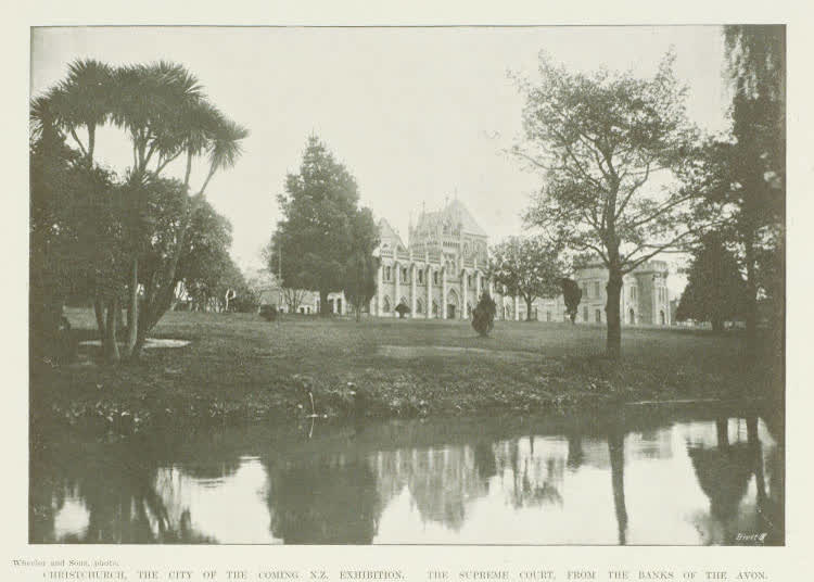 Christchurch, the city of the coming N Z. Exhibition. the Supreme Court, from the banks of the Avon, 1906