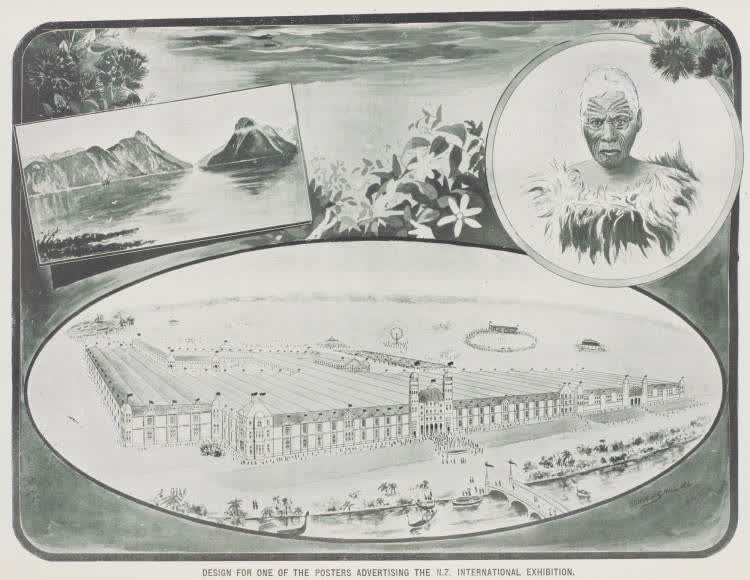 Design for one of the posters advertising the N Z International Exhibition, 1906