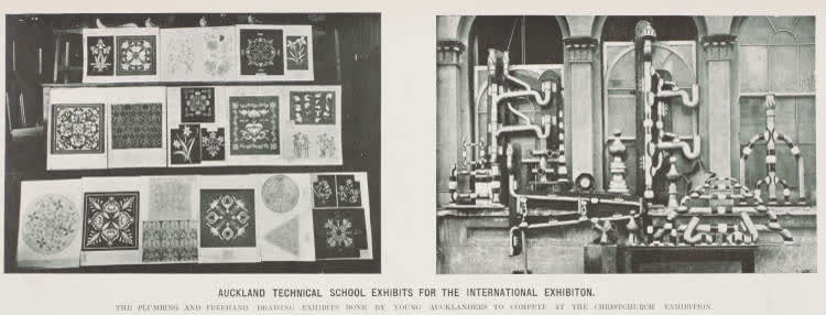 Auckland Technical School exhibits for the International Exhibition. The plumbing and freehand drawing exhibits done by young Aucklanders to compete at the Christchurch Exhibition, 1906