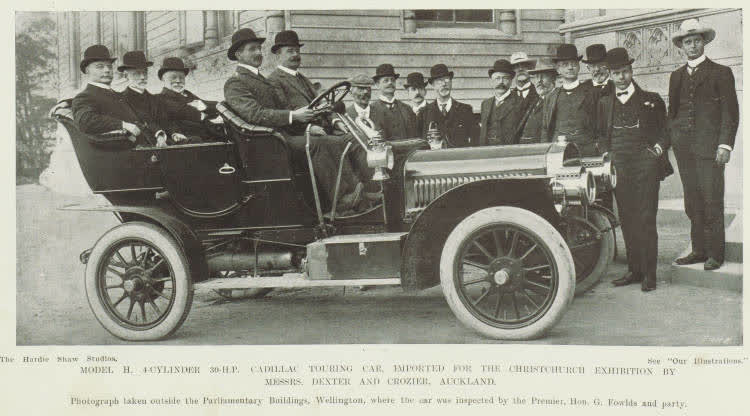 Model H 4-cylinder 30-h.p. Cadillac touring car, imported for the Christchurch Exhibition by Messrs Dexter and Crozier, Auckland, 1906