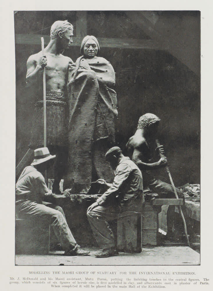 Modelling the Māori group of statuary for the International Exhibition, 1906