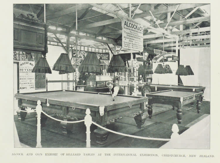 Alcock and Co.'s exhibit of billiard tables at the International Exhibition, Christchurch, New Zealand, 1906