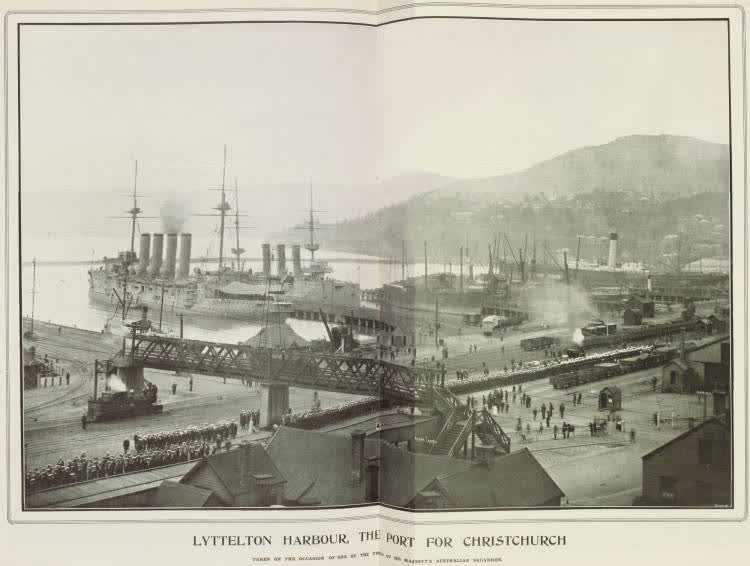 Lyttelton Harbour, the port for Christchurch taken on the occasion of one of the visits of His Majesty's Australian Squadron, 1906