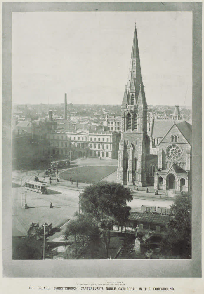 The square, Christchurch, Canterbury's noble cathedral in the foreground, 1911