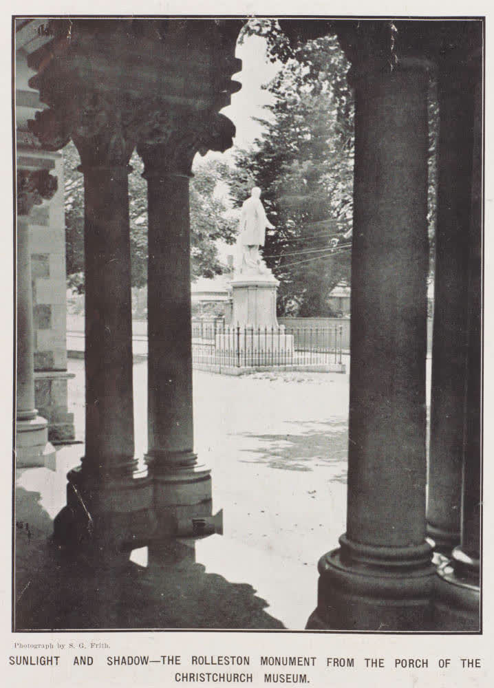Sunlight and shadow - the Rolleston Monument from the porch of the Christchurch Museum, 1912