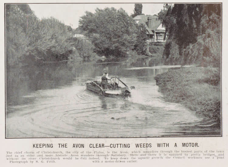 Keeping the Avon clear - cutting weeds with a motor, 1912
