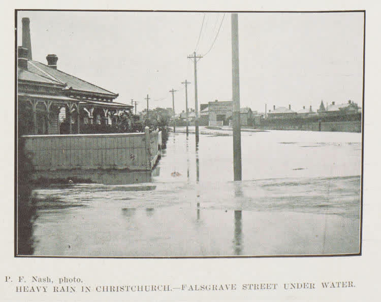 Heavy rain in Christchurch - Falsgrave Street under water, 1912