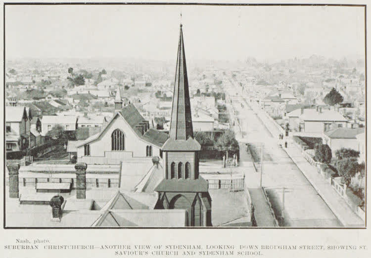 Suburban Christchurch-another view of Sydenham, looking down Brougham street, showing St Saviour's Church and Sydenham School, 1912