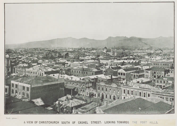 A view of Christchurch south of Cashel Street, looking towards the Port Hills, 1912