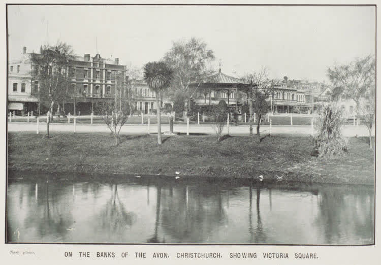 On the banks of the Avon, Christchurch, showing Victoria Square, 1912