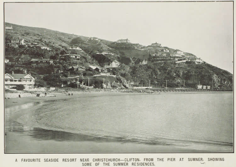 A favourite seaside resort near Christchurch - Clifton, from the pier at Sumner, showing some of the summer residences, 1912