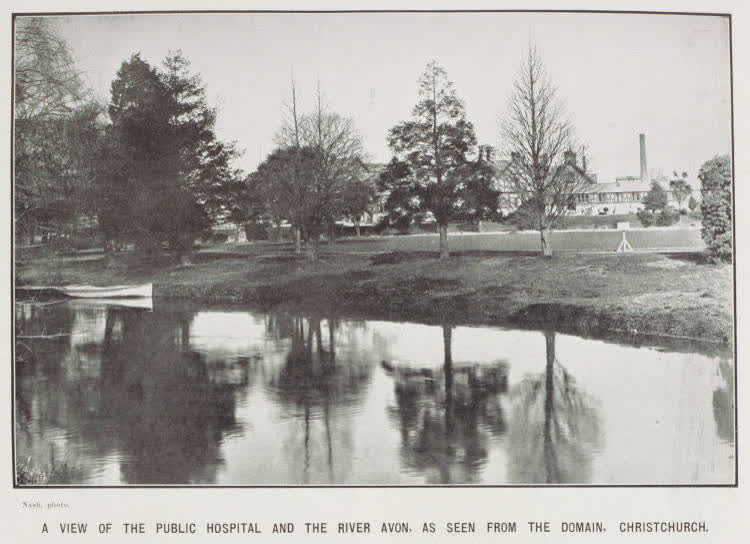 A view of the public hospital and the River Avon. As seen from the domain. Christchurch, 1913