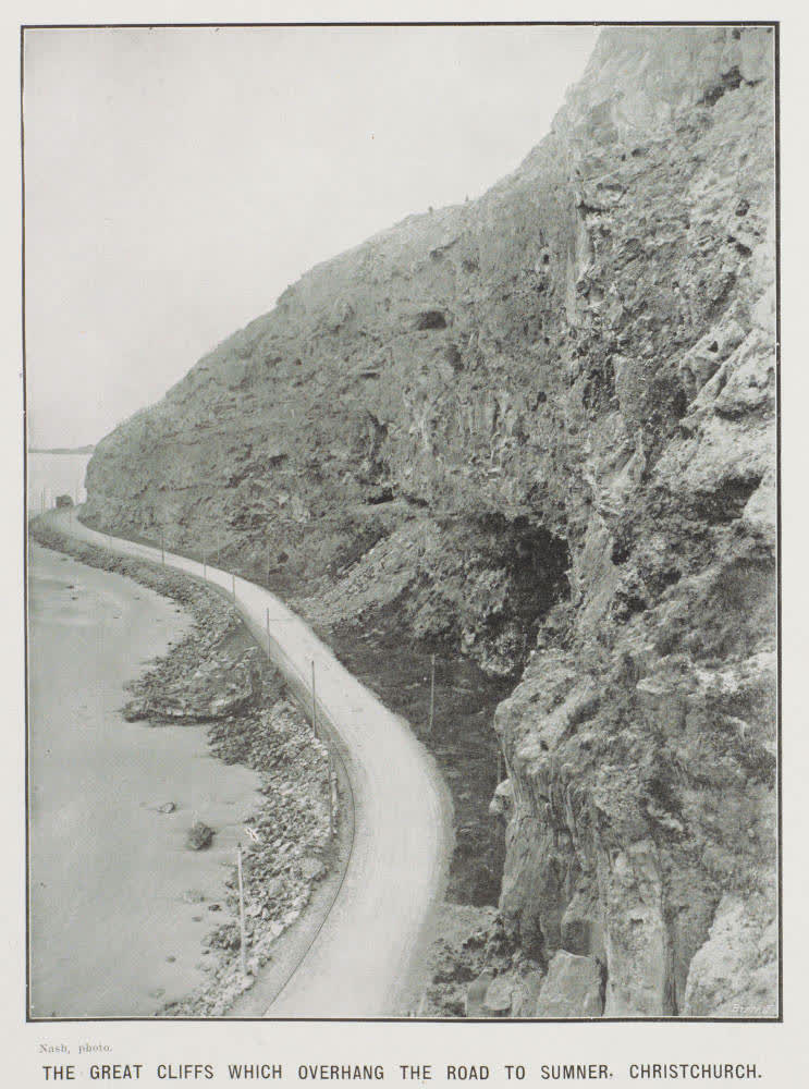 The great cliffs which overhang the road to Sumner, Christchurch, 1913
