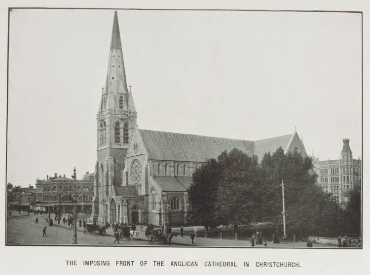 The imposing front of the Anglican Cathedral in Christchurch, 1913