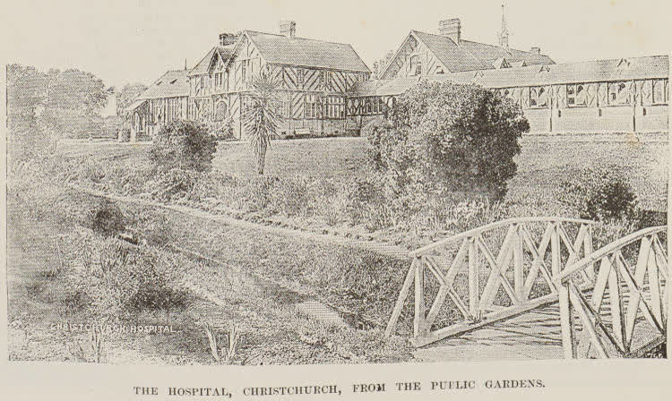 The hospital, Christchurch, from the public gardens, 1891