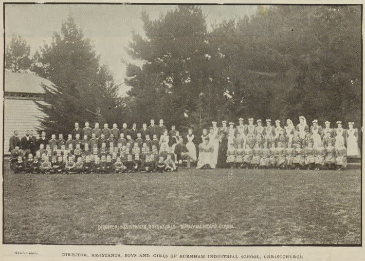 Director, assistants, boys and girls of Burnham Industrial School, Christchurch, 1896